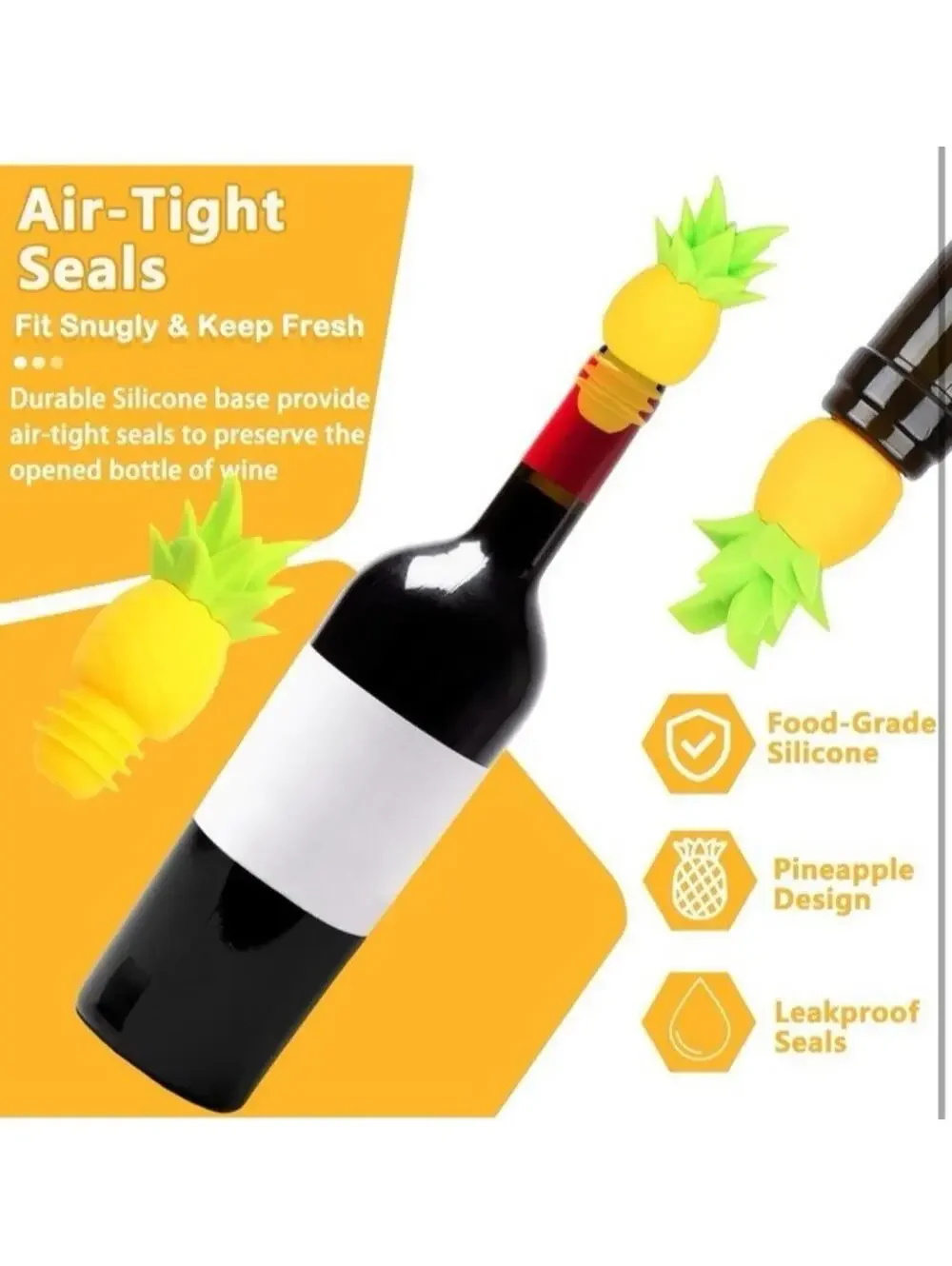 4pc Pineapple Silicone Wine Stopper Set Bottle Sealer Saver Reusable Yellow New